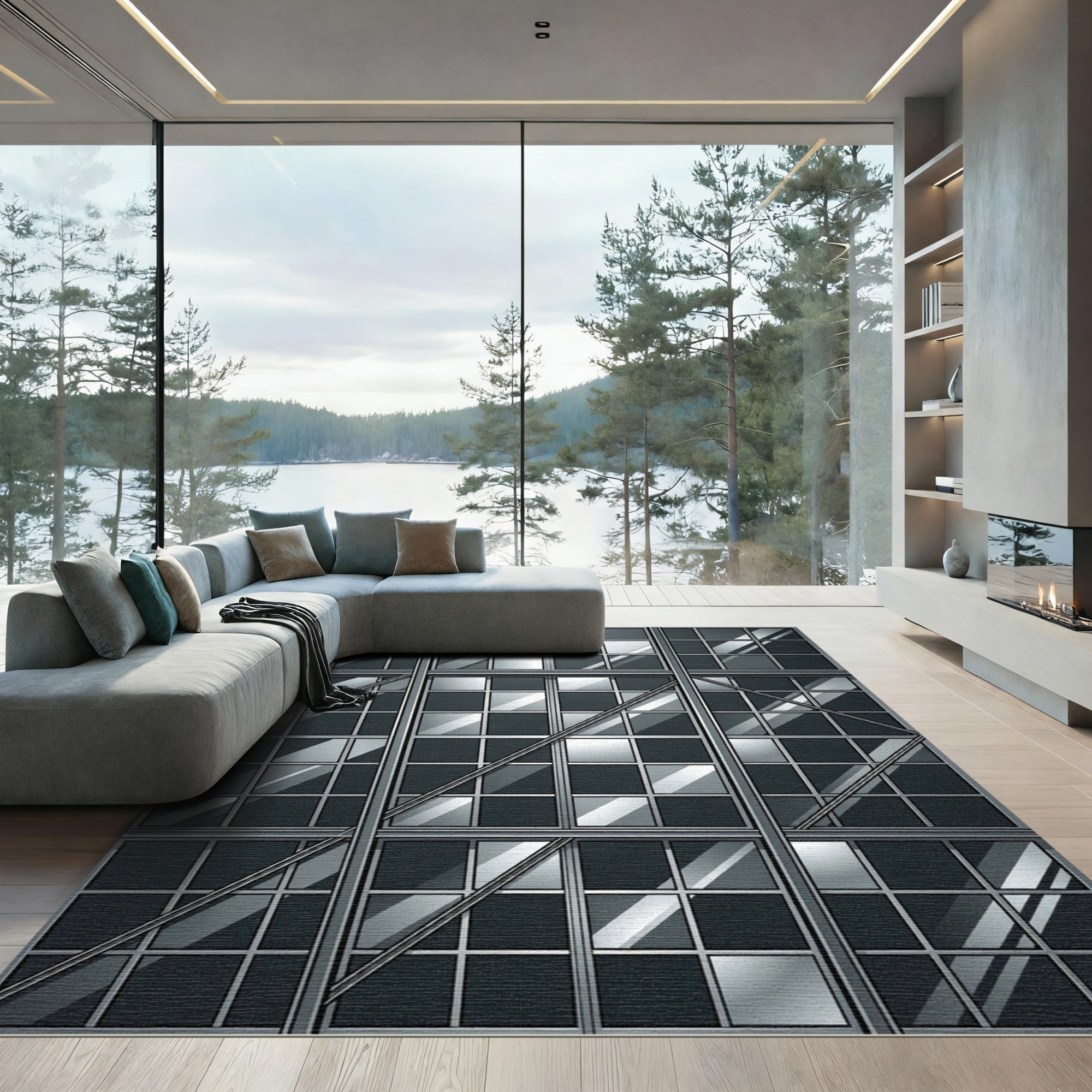 Monochromatic Grid Metal Window Reflection Rug