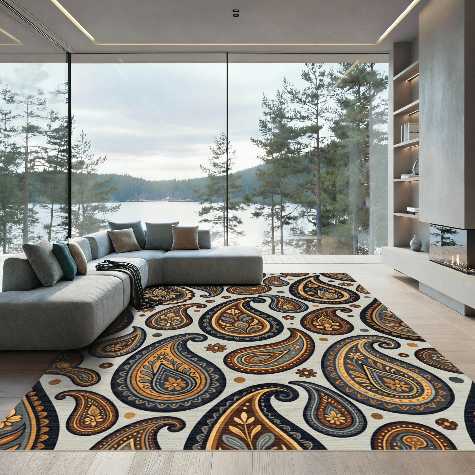 Elegant Gold and Slate Paisley Scroll Rug
