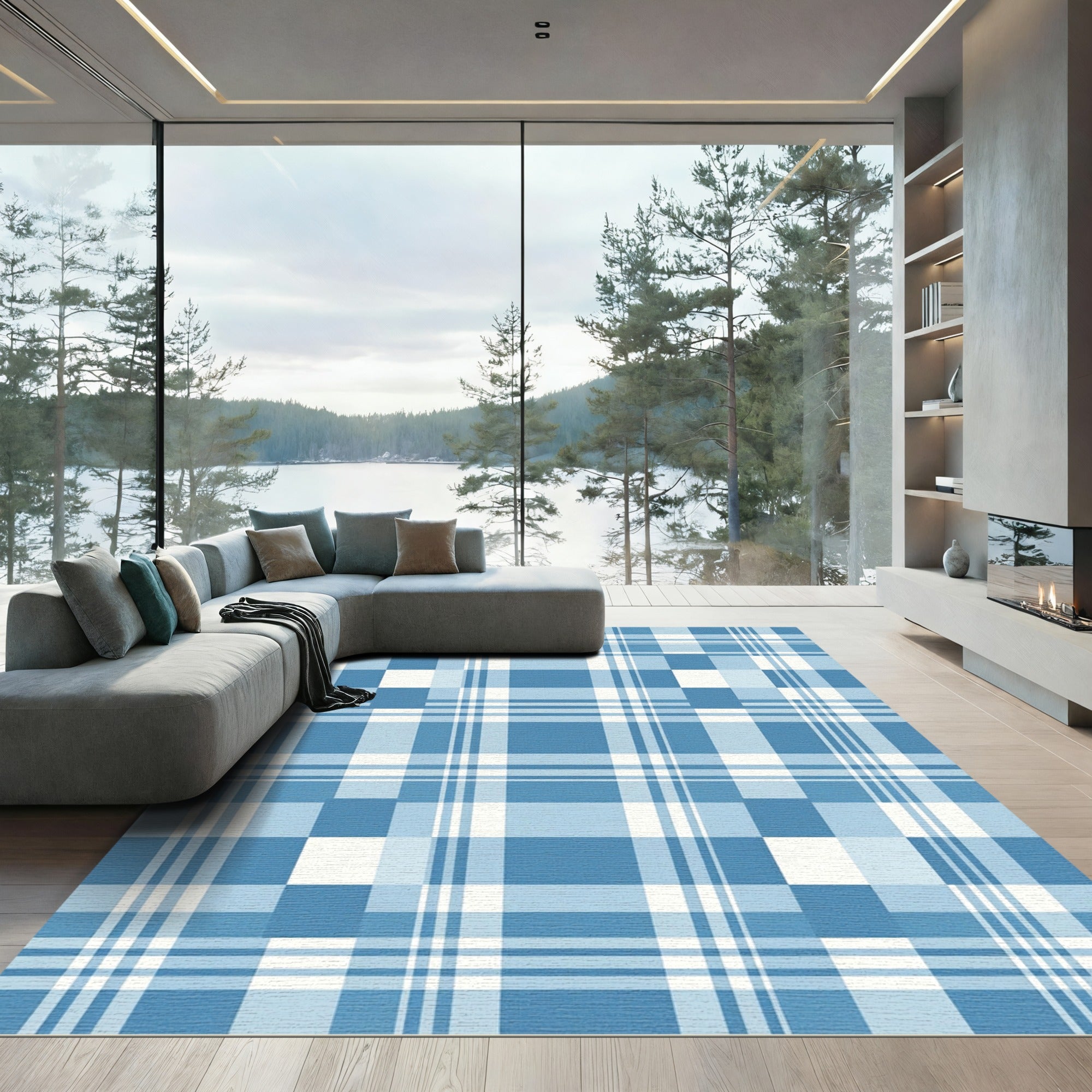 Blue Classic Plaid Checkered Arrangement Rug