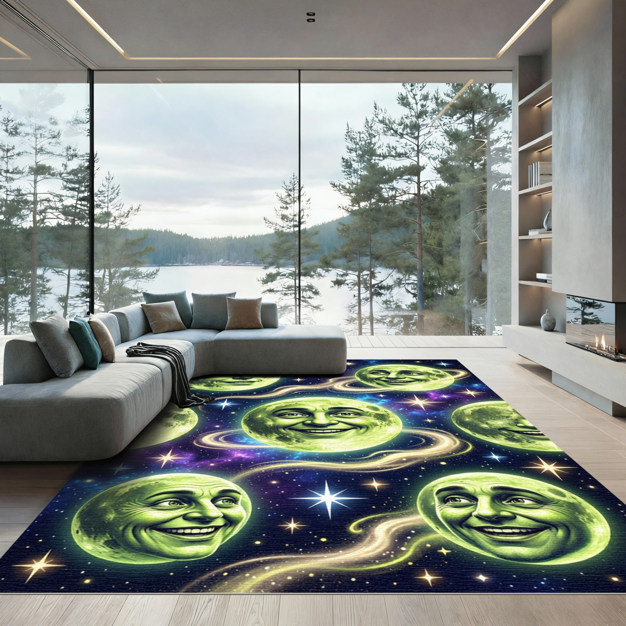 Whimsical Green Moon Faces Cosmic Display Rug
