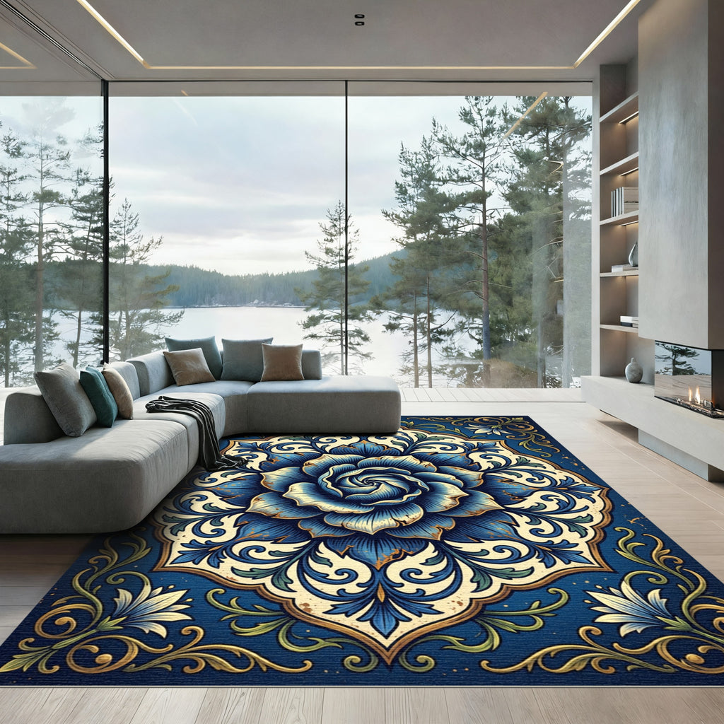 Ornate Blue Floral Medallion Blossom Rug