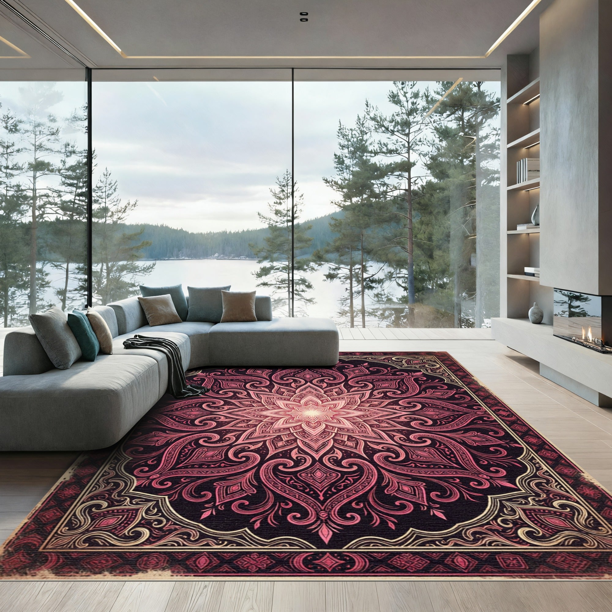 Ornate Crimson Floral Mandala Art Rug