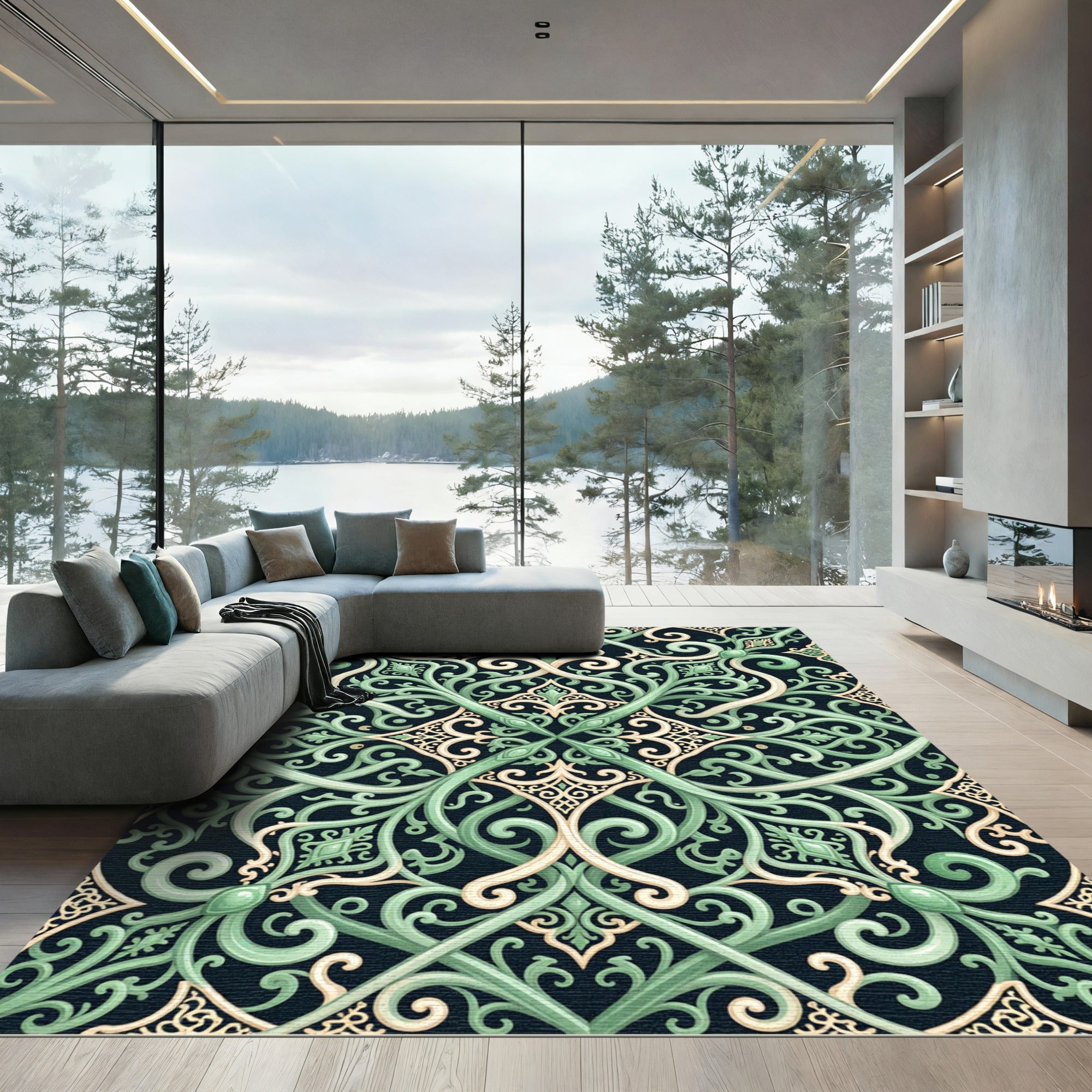 Elegant Sage Green Ornate Scrollwork Rug