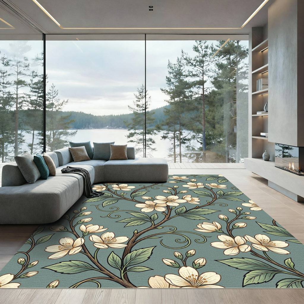 Elegant Sage Green Cherry Blossom Branch Rug