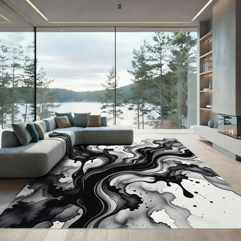Modern Monochrome Fluid Ink Abstract Art Rug