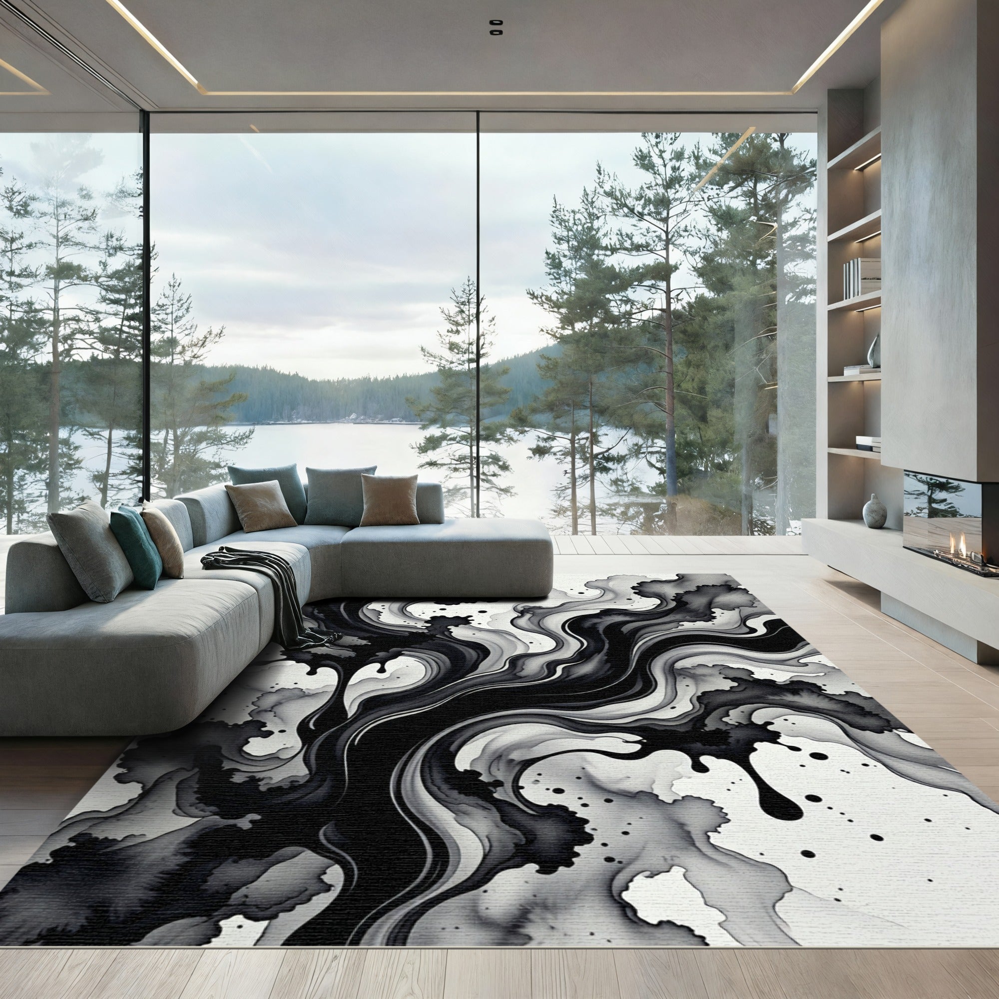 Modern Monochrome Fluid Ink Abstract Art Rug