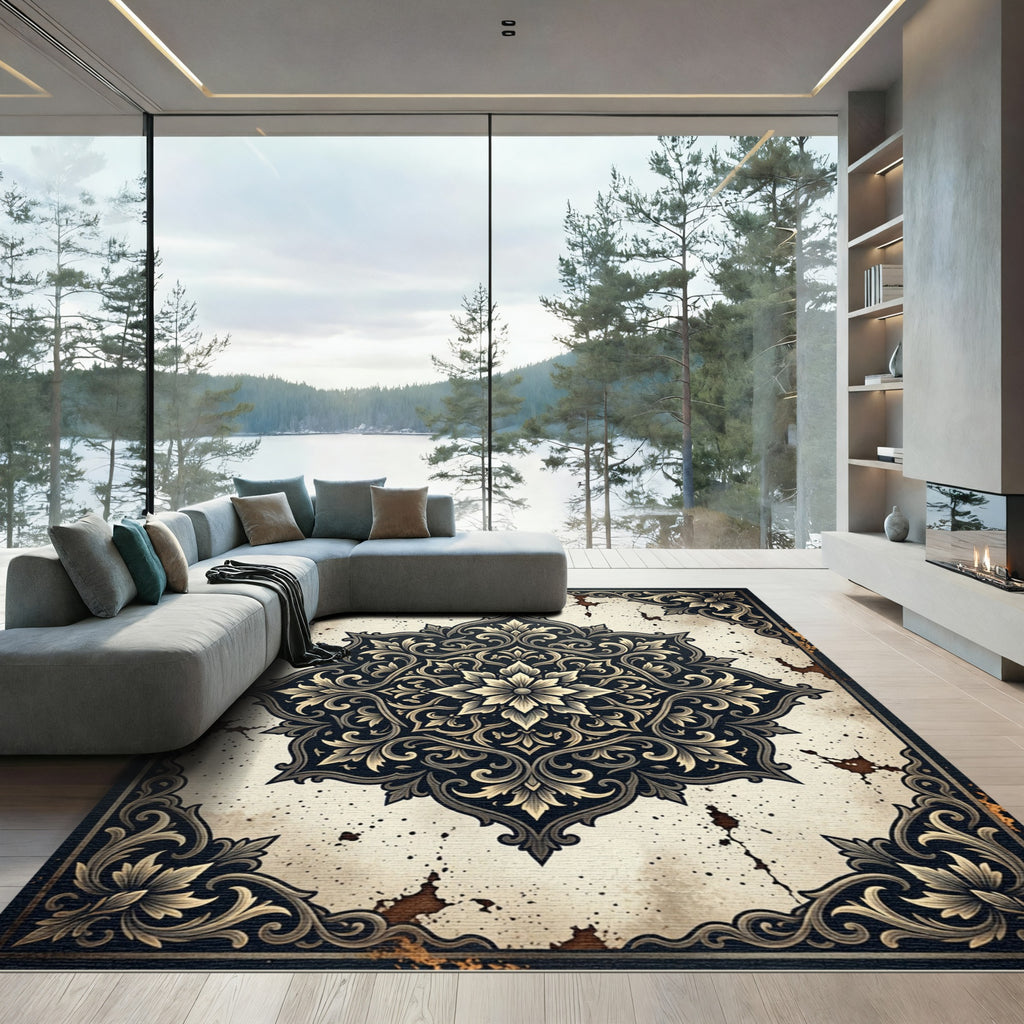 Earthy Vintage Cream Navy Floral Medallion Rug