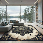 Earthy Vintage Cream Navy Floral Medallion Rug