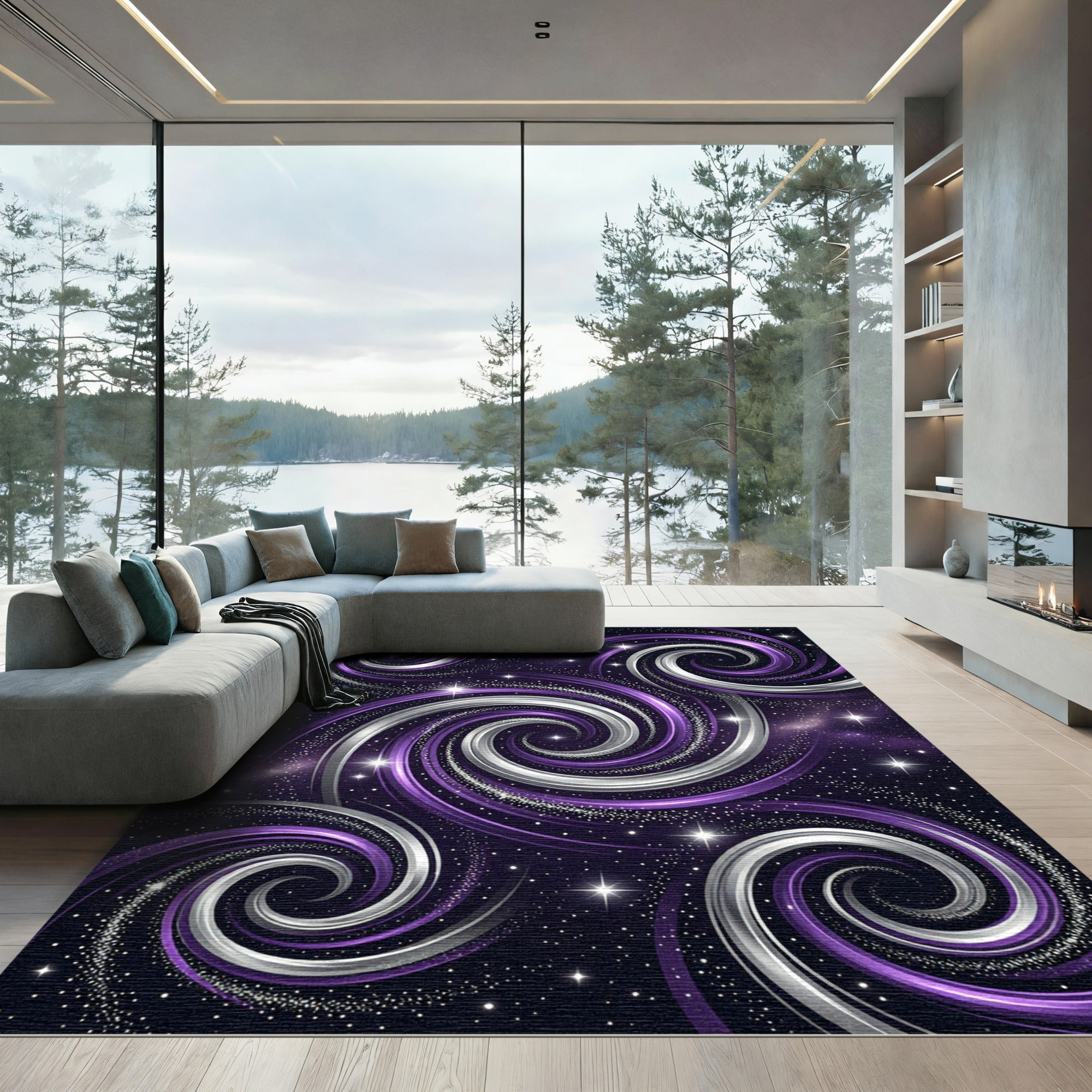 Cosmic Purple Silver Galactic Swirl Rug
