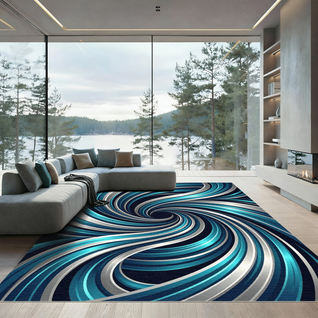 Contemporary Azure Silver Swirling Vortex Rug