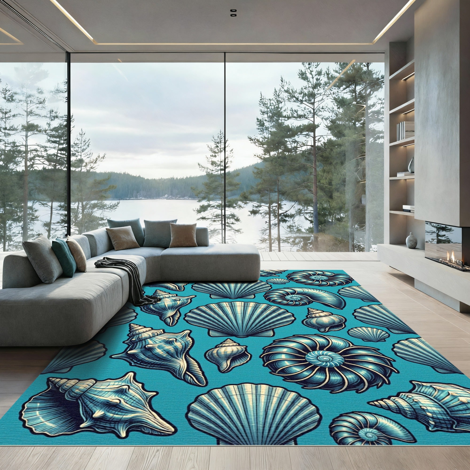 Coastal Teal Seashell Nautical Illustration Rug