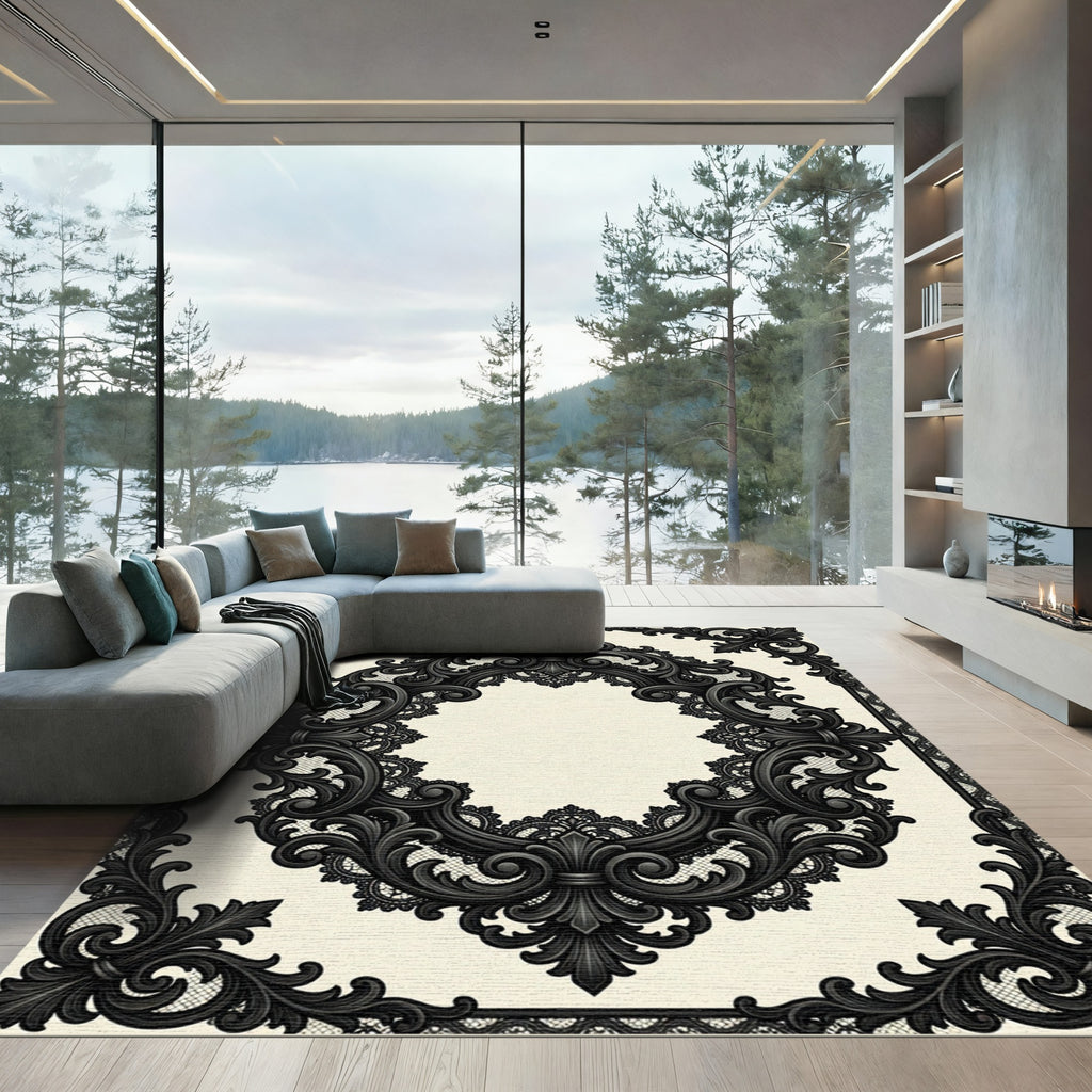 Elegant Black Baroque Lace Oval Frame Rug