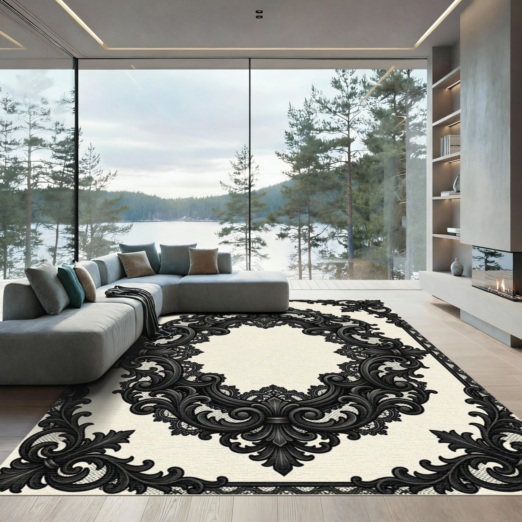 Elegant Black Baroque Lace Oval Frame Rug