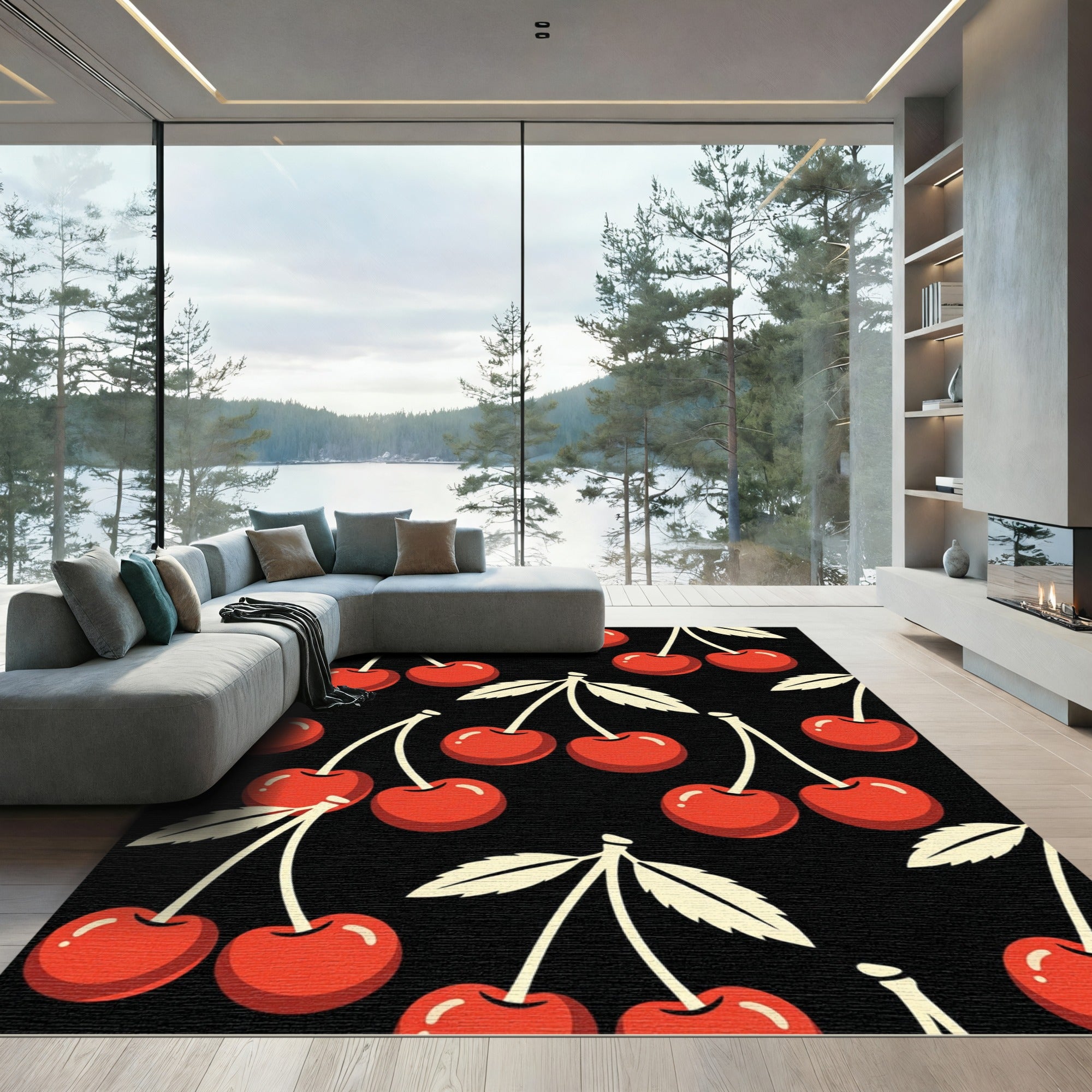 Retro Cherry Orchard Black Background Rug