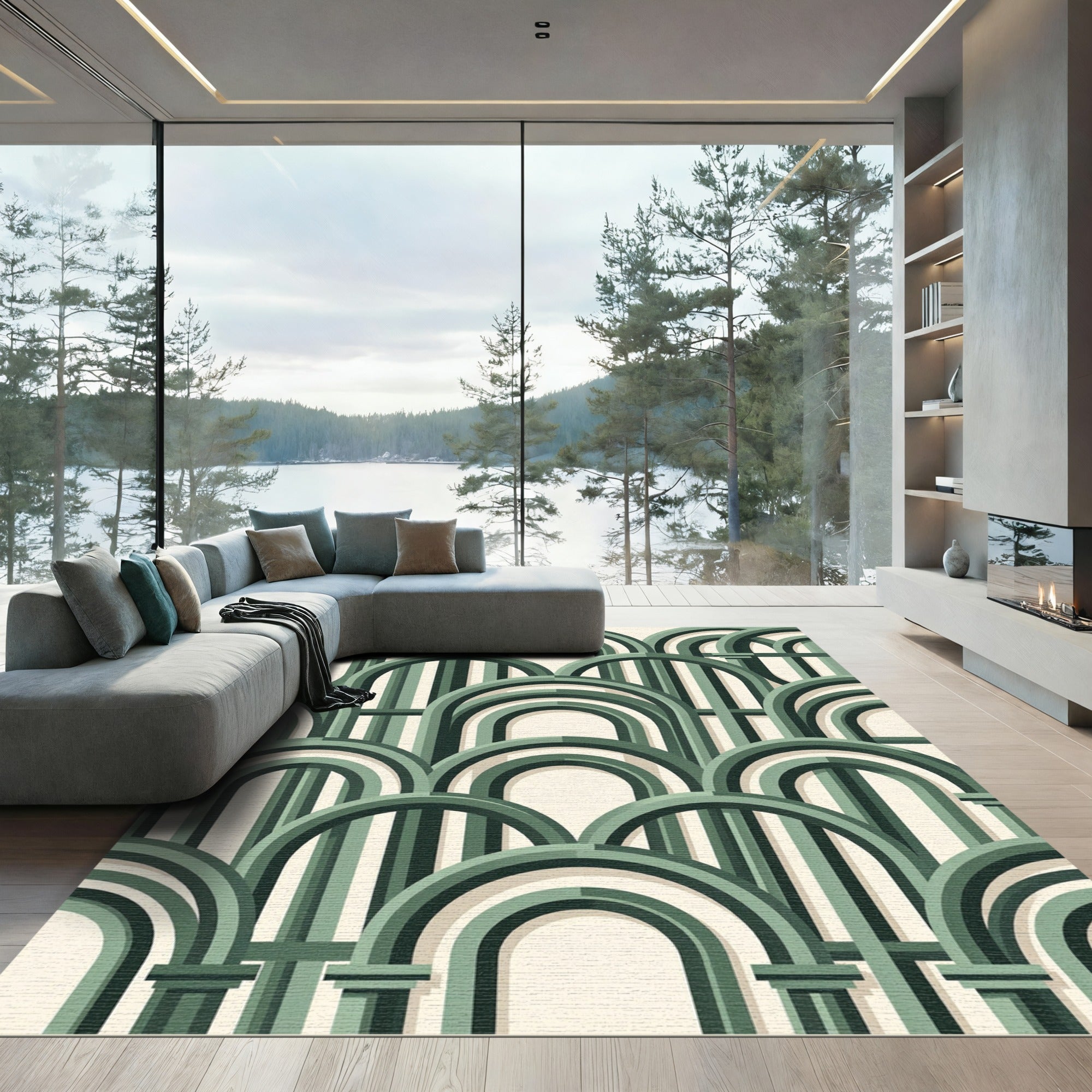Modern Sage Green Arch Geometric Rug