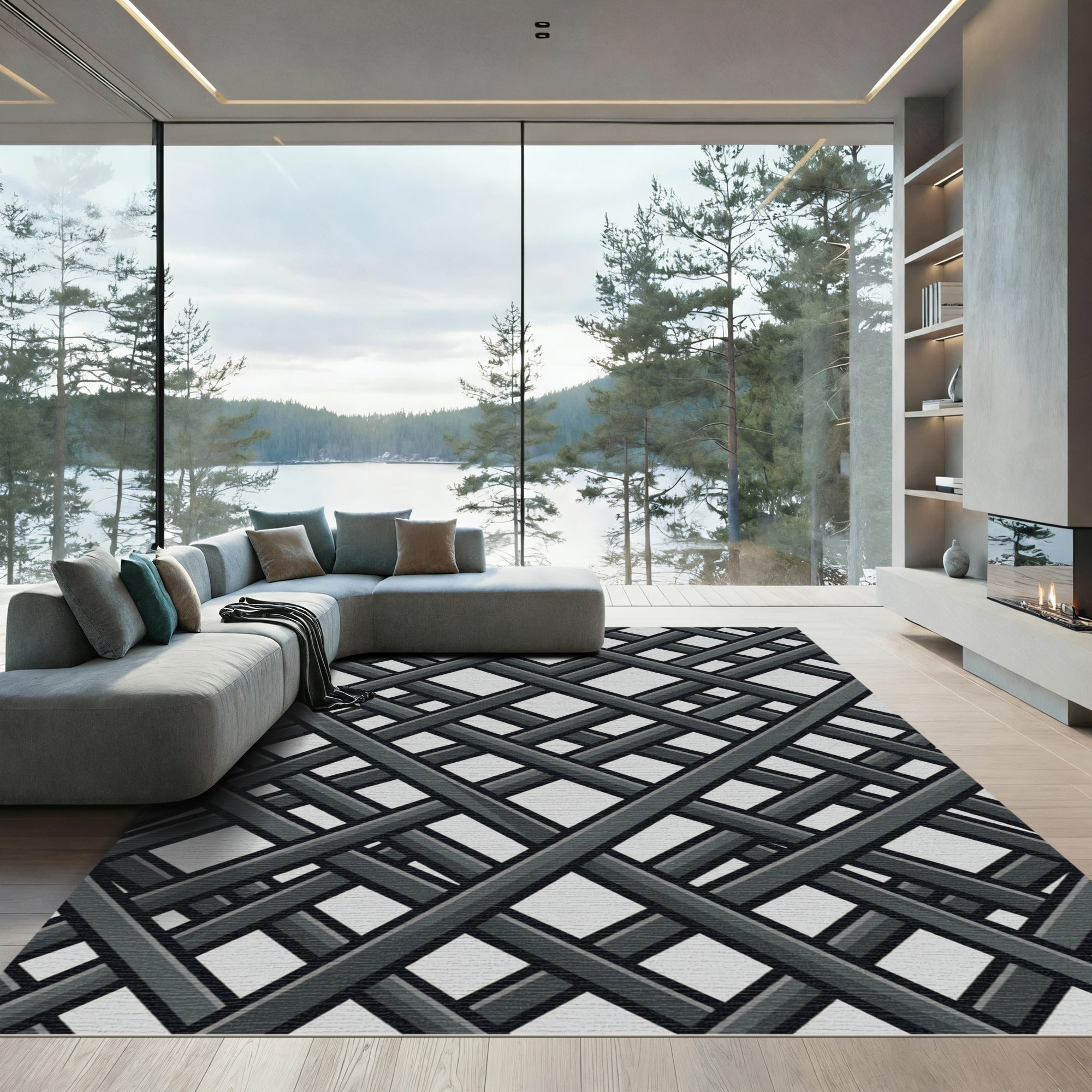Minimalist Charcoal Gray Geometric Lattice Rug