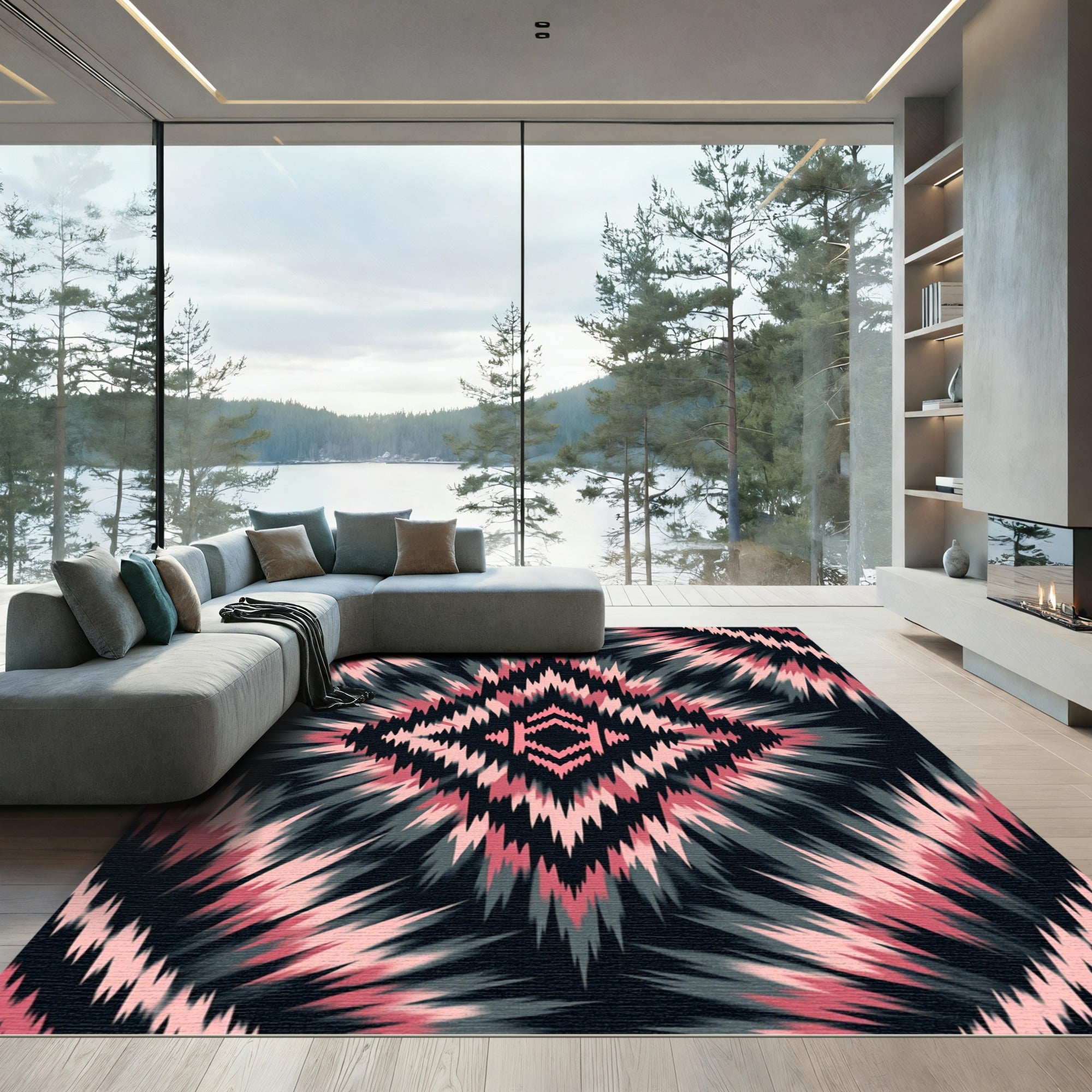 Bold Pink and Gray Geometric Ikat Rug