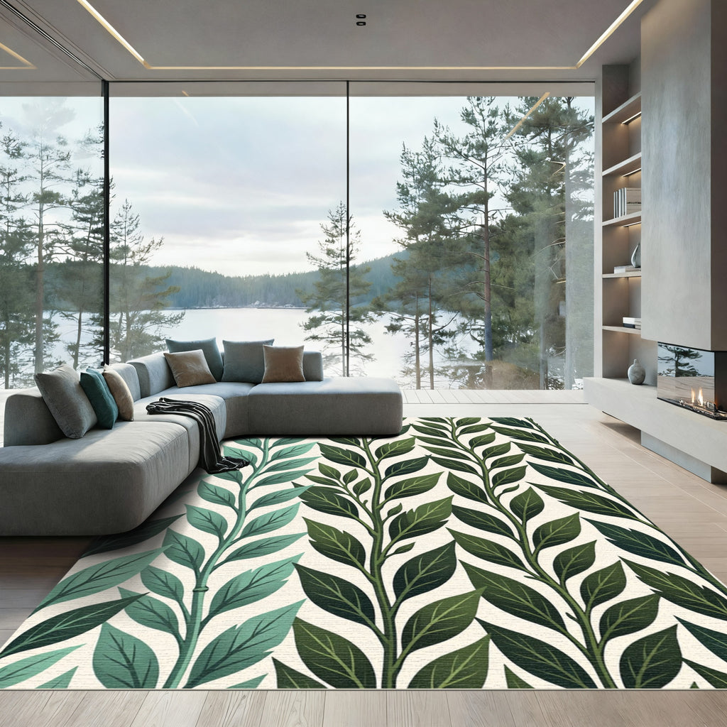 Teal Jade Branch Leaf Pattern Rug