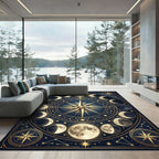 Celestial Gold Lunar Phases Navy Compass Rug