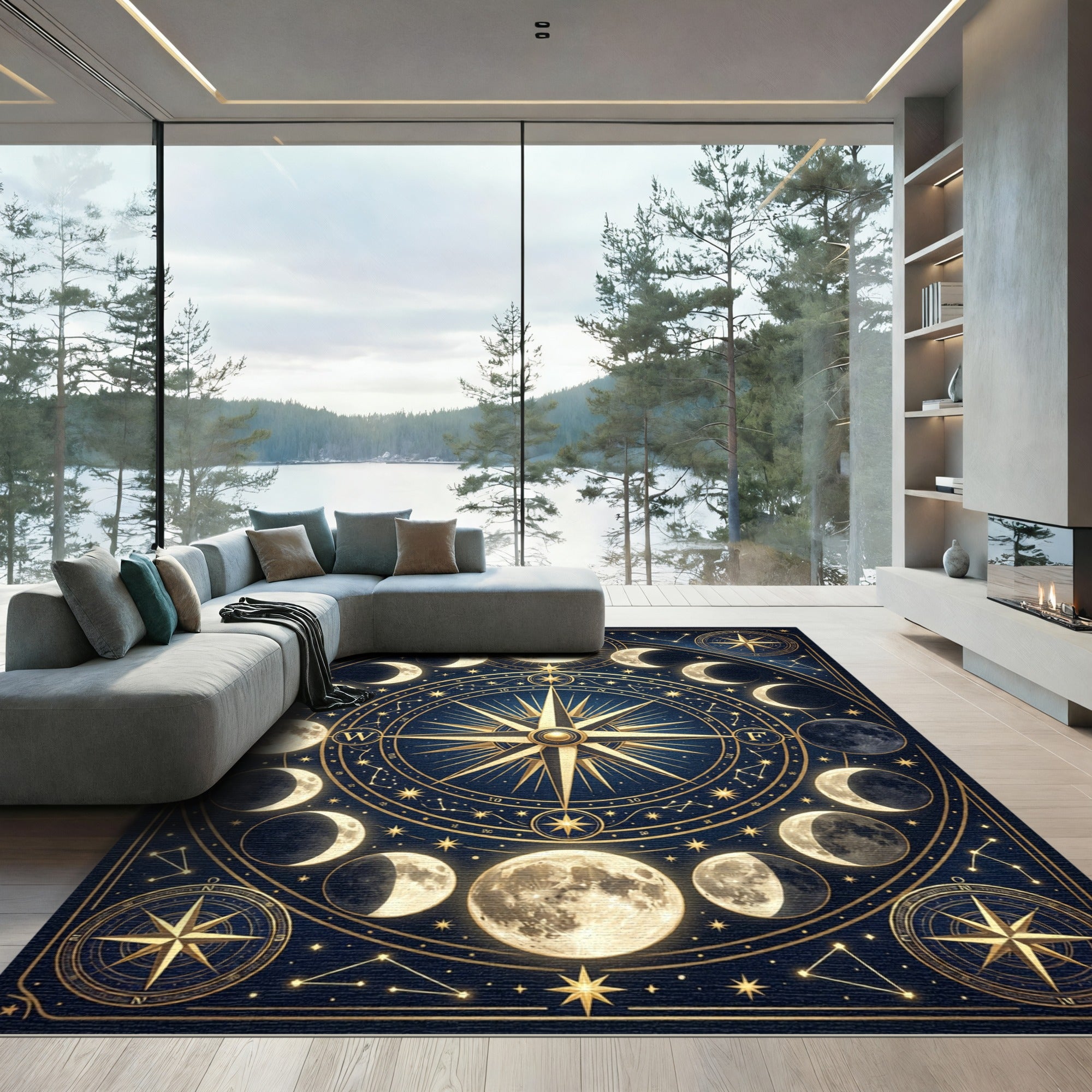 Celestial Gold Lunar Phases Navy Compass Rug