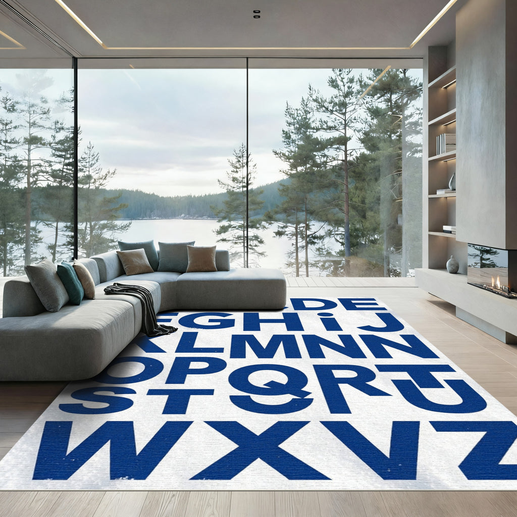 Bold Navy Blue Alphabet Typography Rug