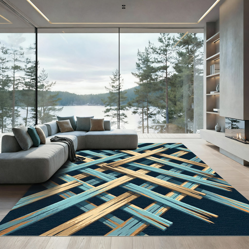 Blue and Sand Geometric Lattice Weave Rug