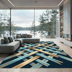 Blue and Sand Geometric Lattice Weave Rug