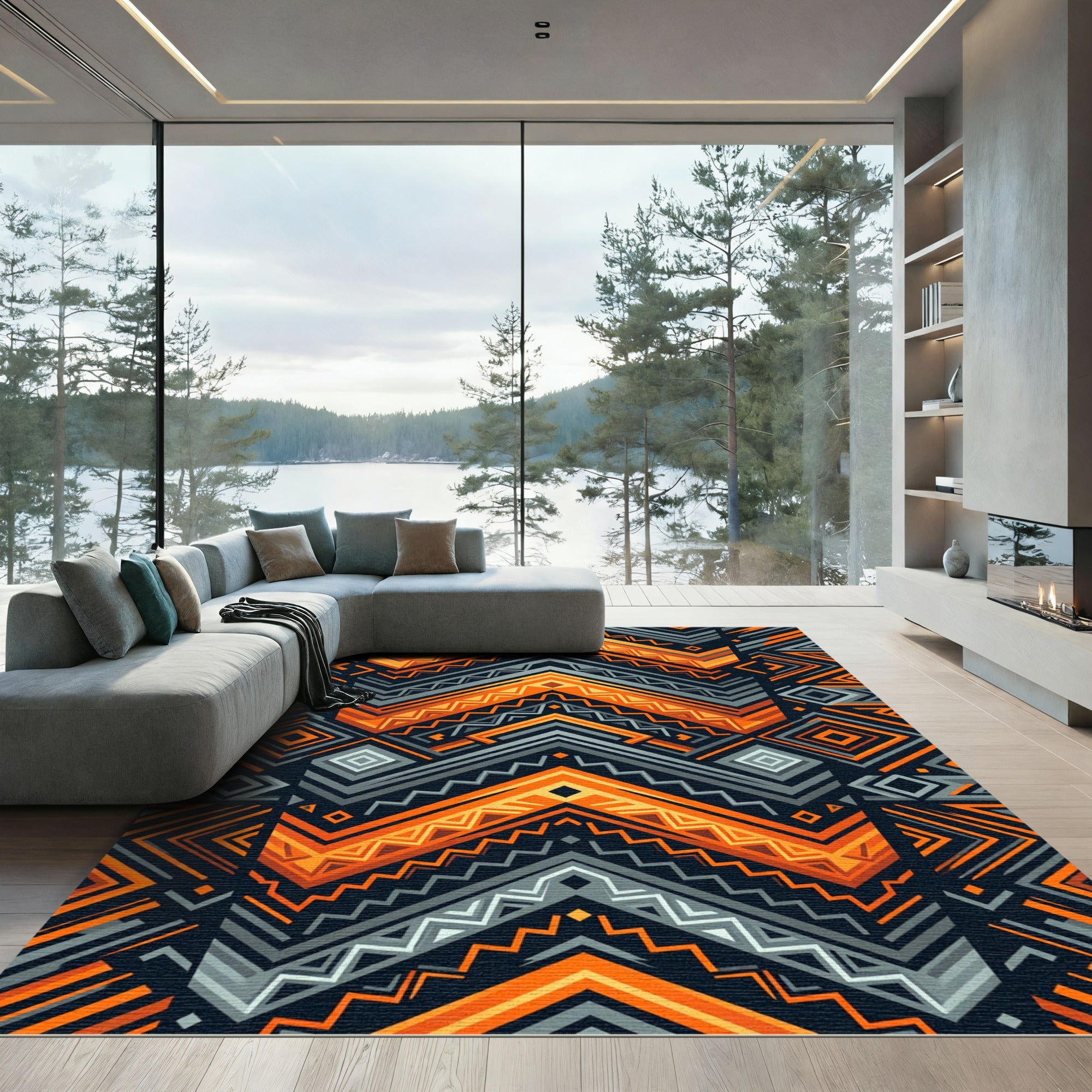 Bold Amber Charcoal Geometric Chevron Rug