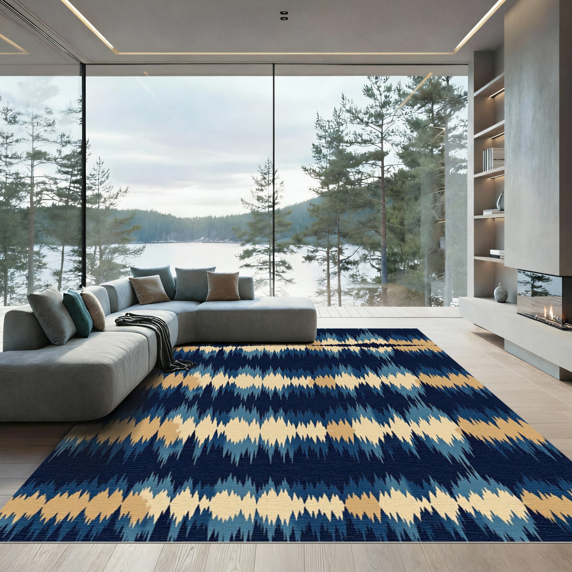 Deep Blue Golden Jagged Stripes Rug