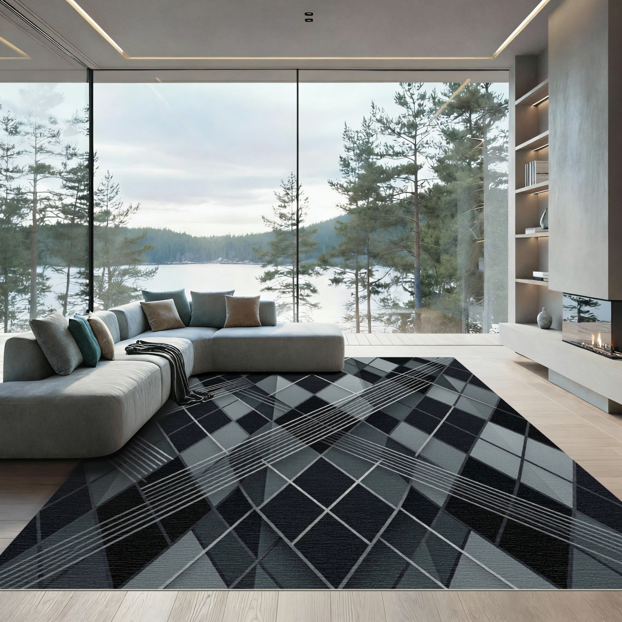 Modern Charcoal Monochrome Geometric Argyle Rug