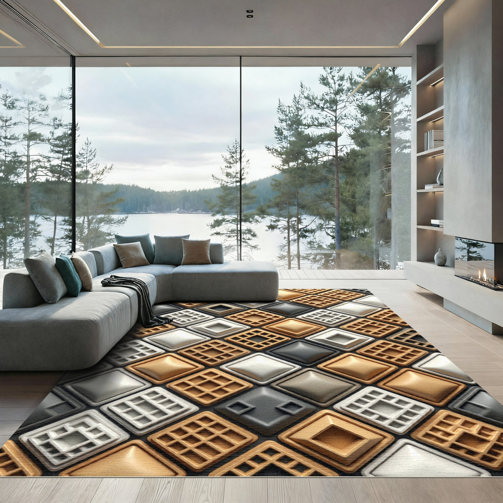 Modern Geometric Waffle Textured Neutral Rug