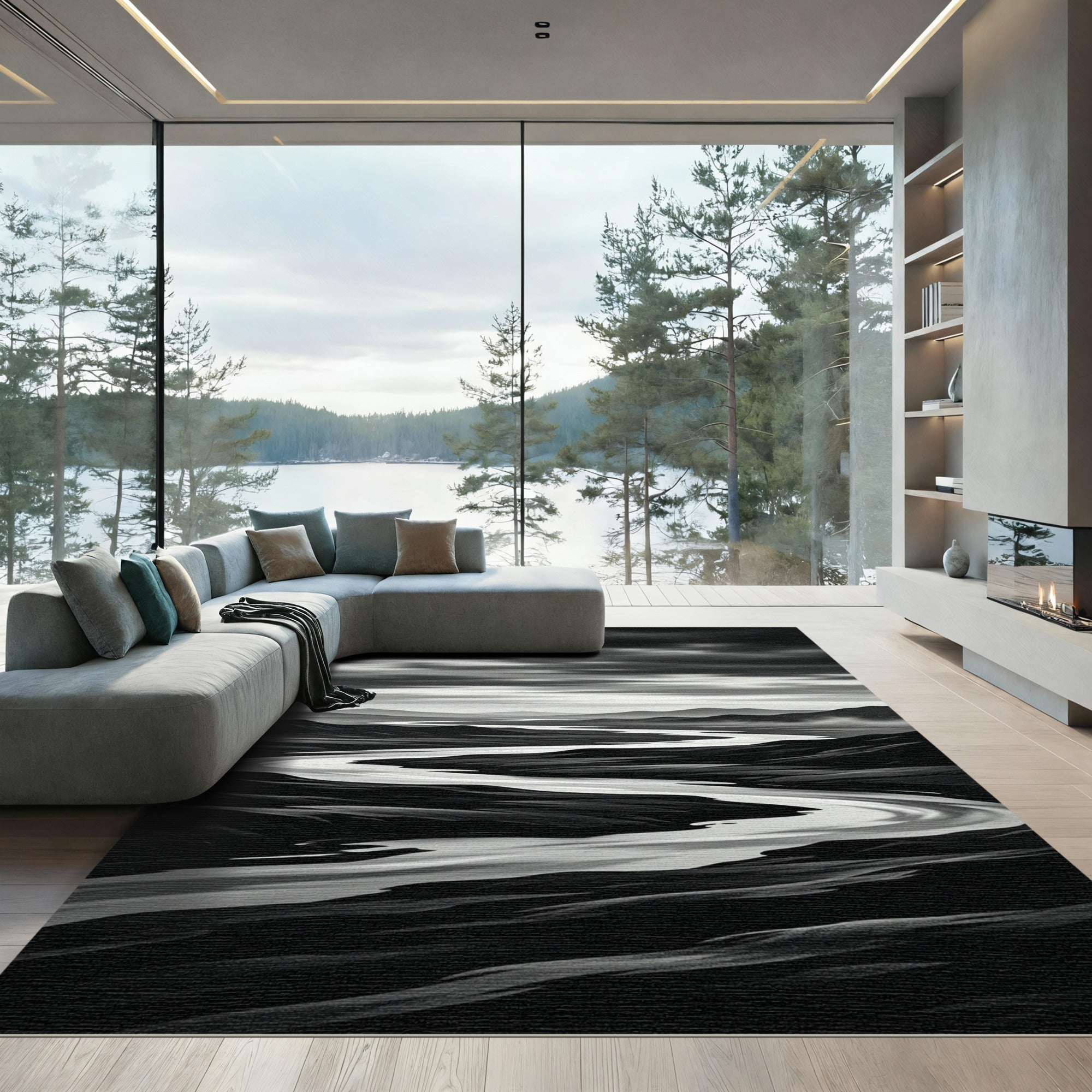 Monochromatic Winding River Landscape Contrast Rug