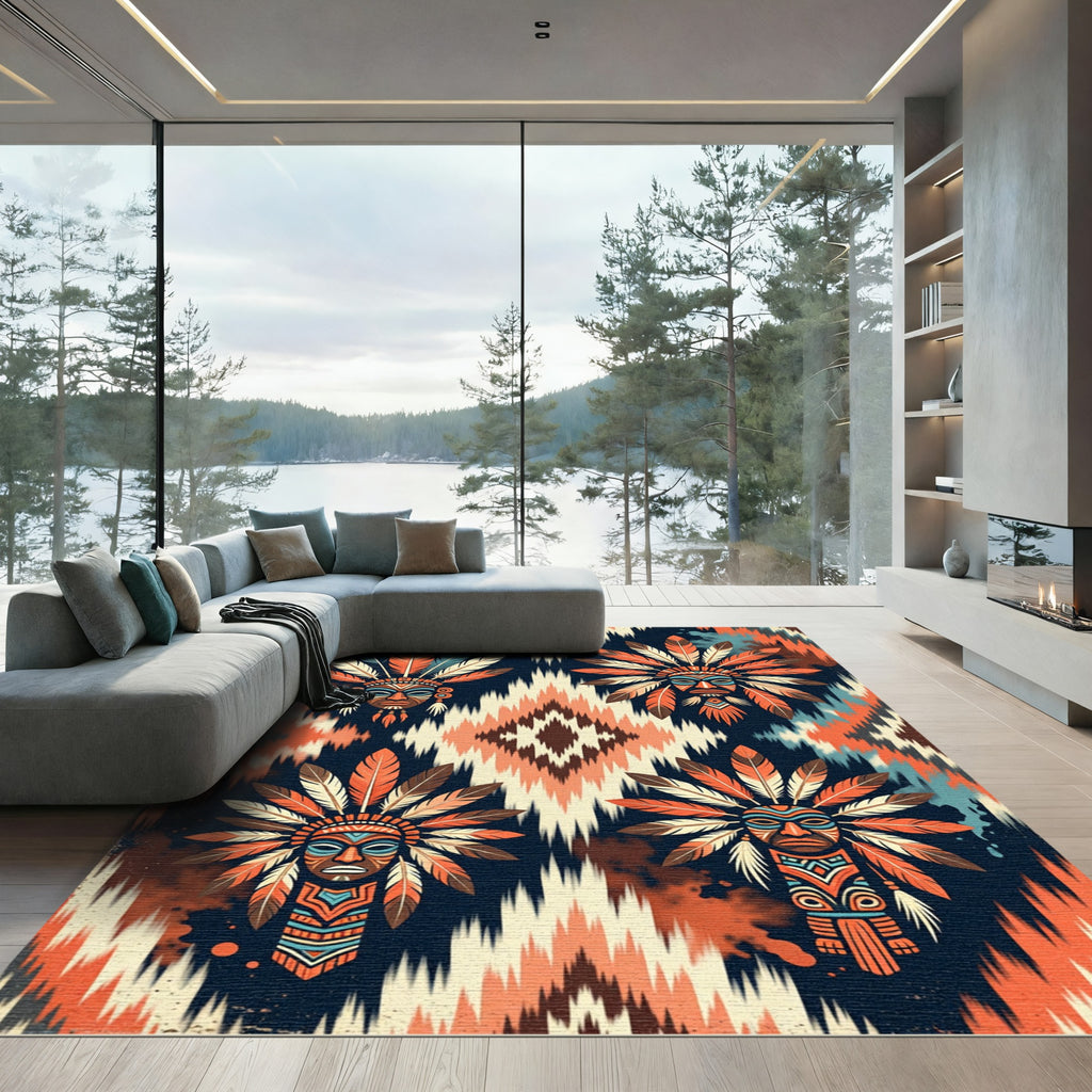 Tribal Mask Feather Boho Geometric Area Rug