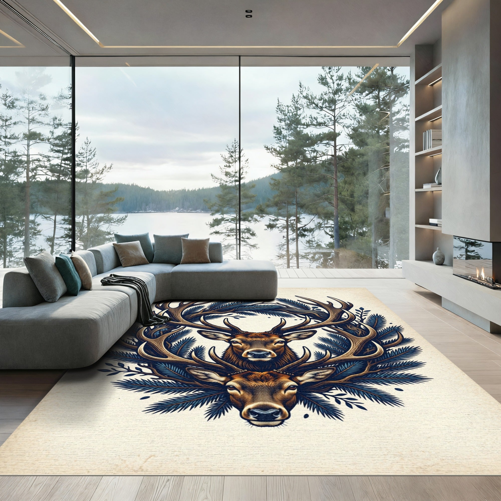 Rustic Woodland Fawn Pine Antler Illustration Rug