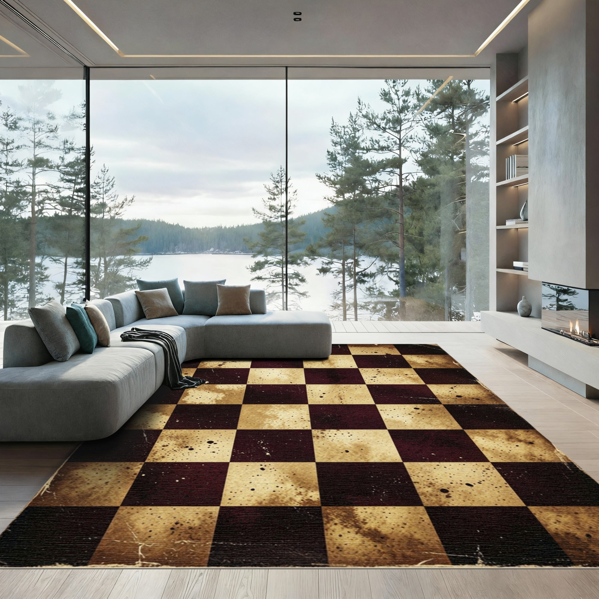 Vintage Sepia Checkerboard Splatter Rug