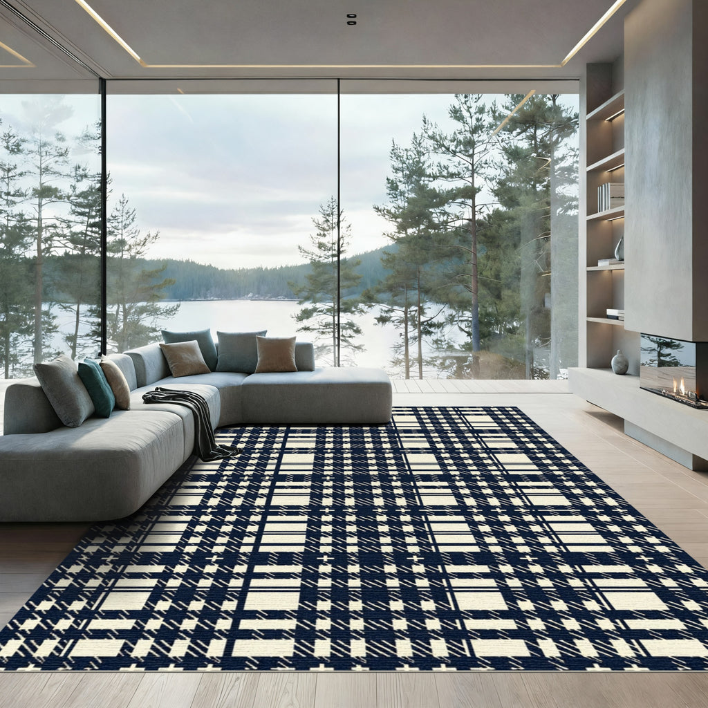 Navy Cream Plaid Tartan Grid Rug