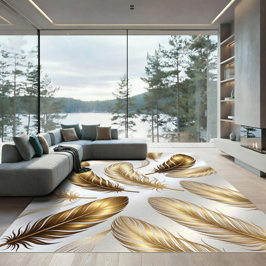 Gilded Feather Cascade in Golden Hues Rug