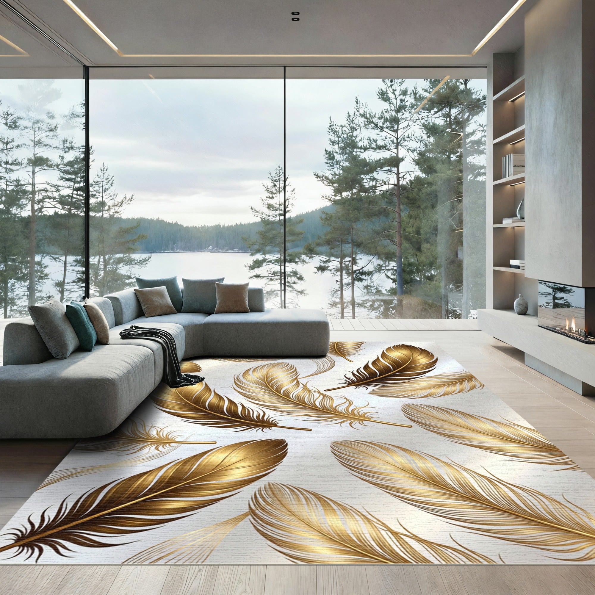 Gilded Feather Cascade in Golden Hues Rug
