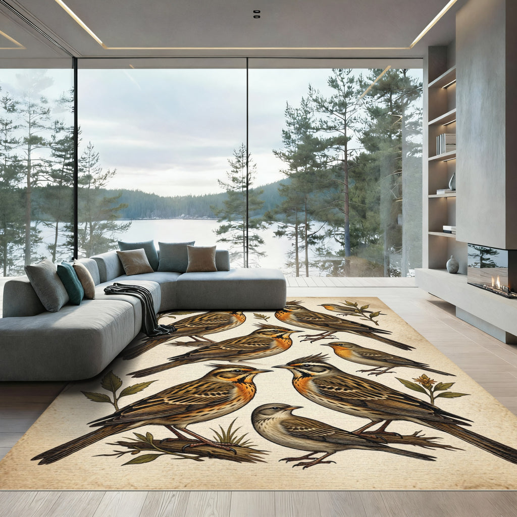 Vintage Botanical Crested Songbird Illustration Rug
