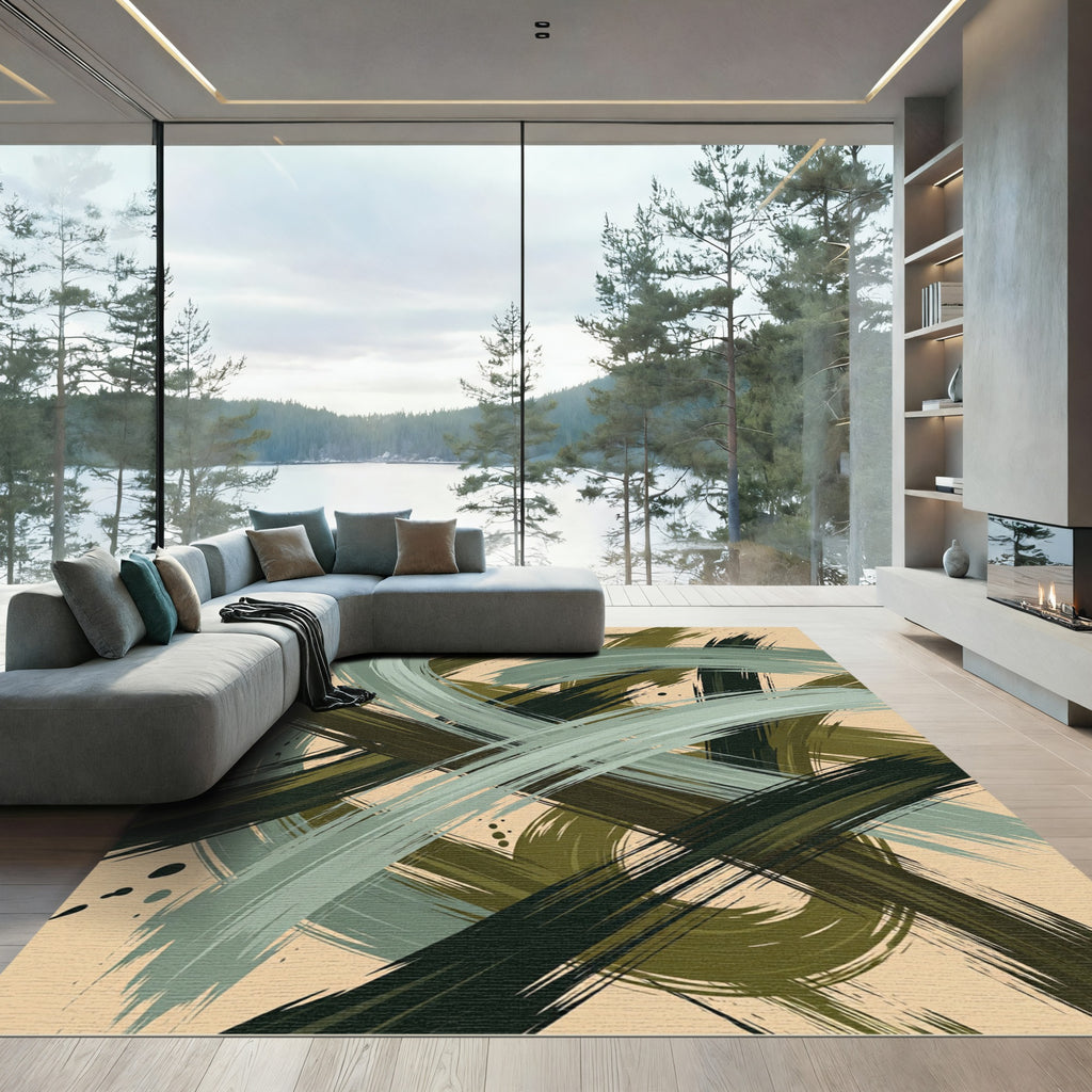 Abstract Olive Strokes Brushwork Rug