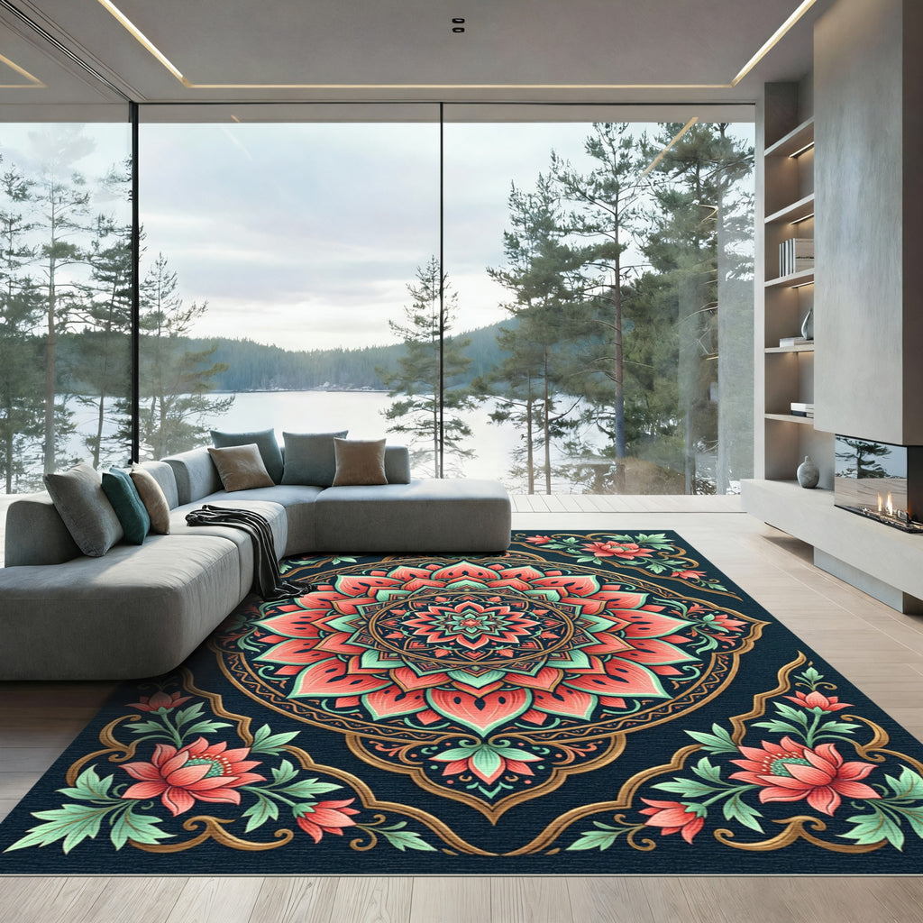 Coral Teal Medallion Floral Art Rug