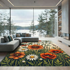 Orange Poppy Daisy Field Meadow Rug