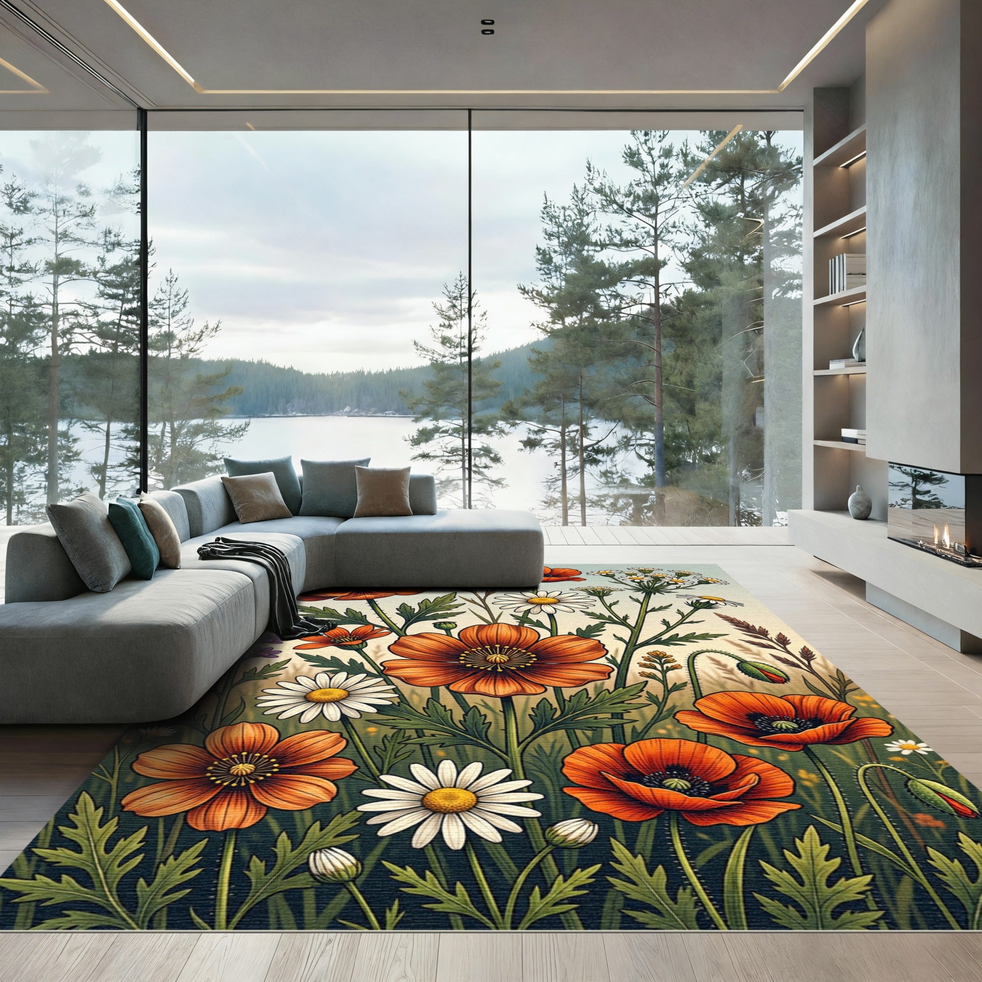 Orange Poppy Daisy Field Meadow Rug