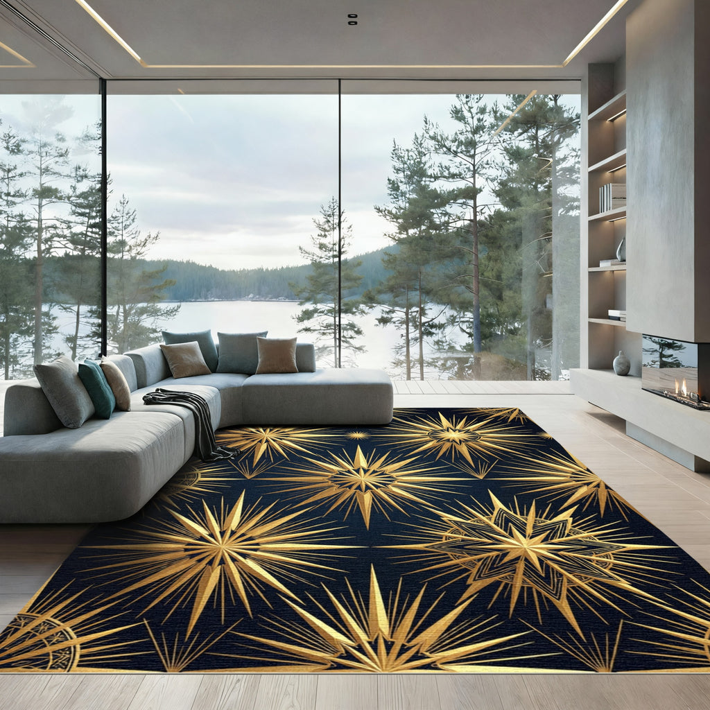 Golden Celestial Radiance Navy Starry Art Rug