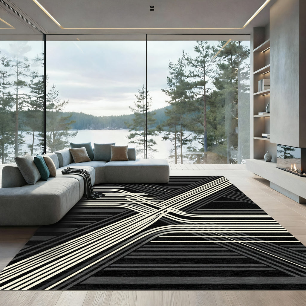 Monochrome Abstract Geometric Linear Composition Rug