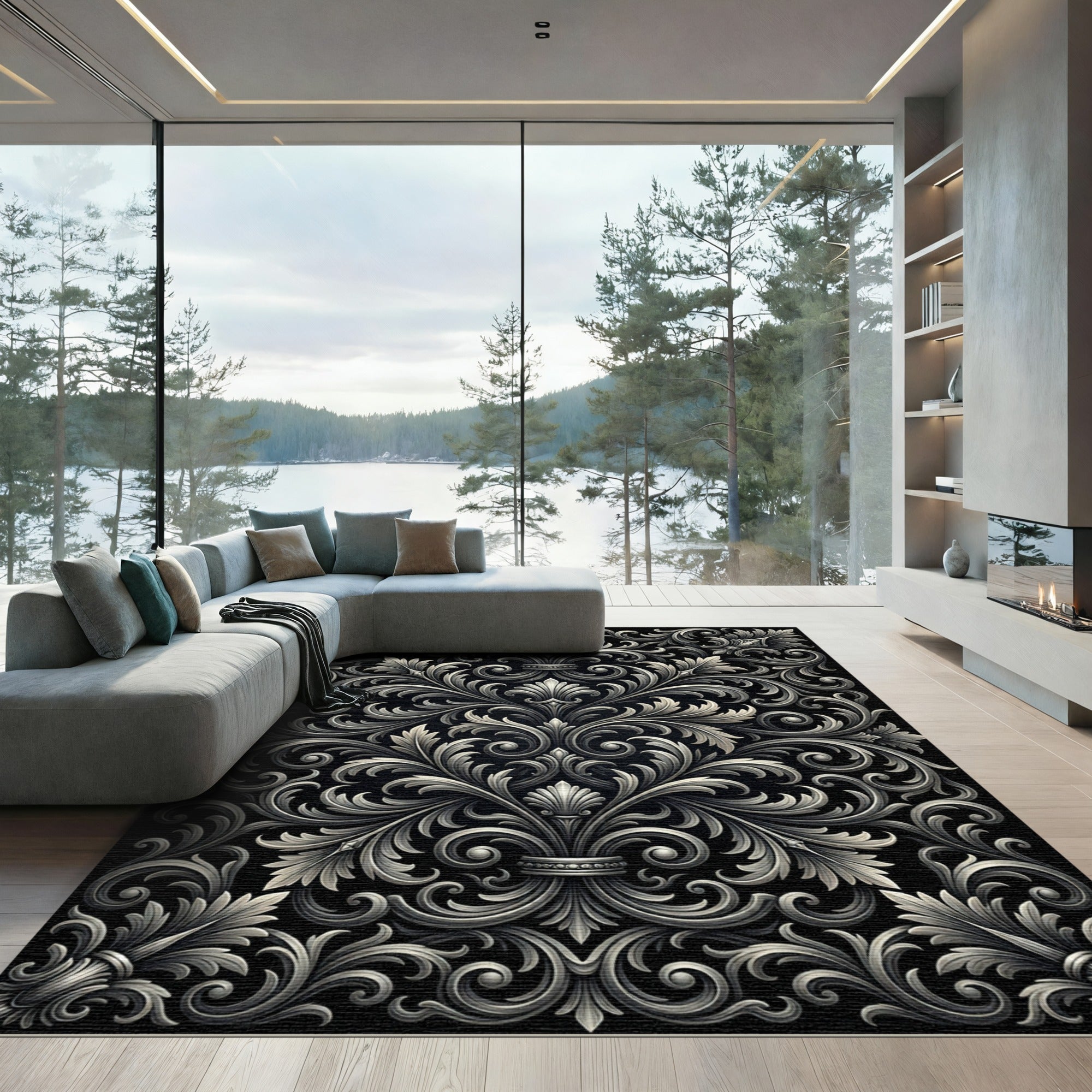 Monochromatic Ornate Acanthus Scroll Rug