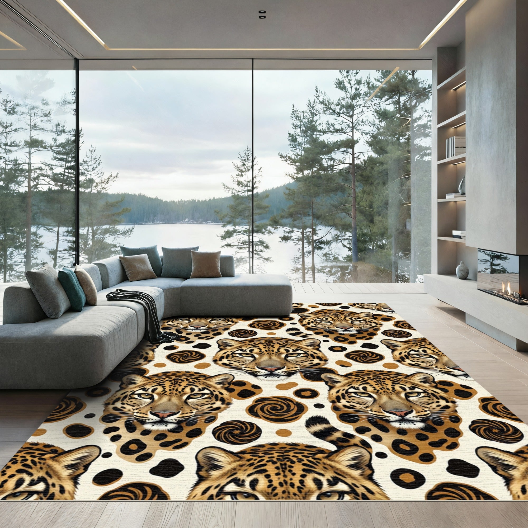 Wild Leopard Portrait Tan Swirl Rug