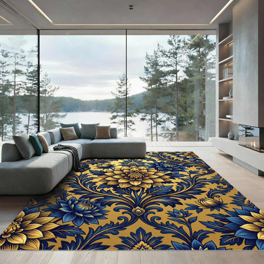 Golden Floral Damask Navy Ink Rug