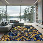 Golden Floral Damask Navy Ink Rug