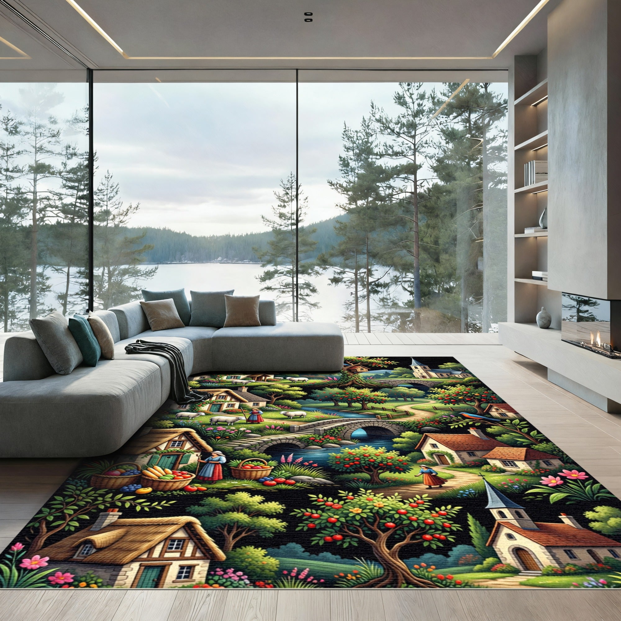 Whimsical Village Garden Fruit Trees Rug
